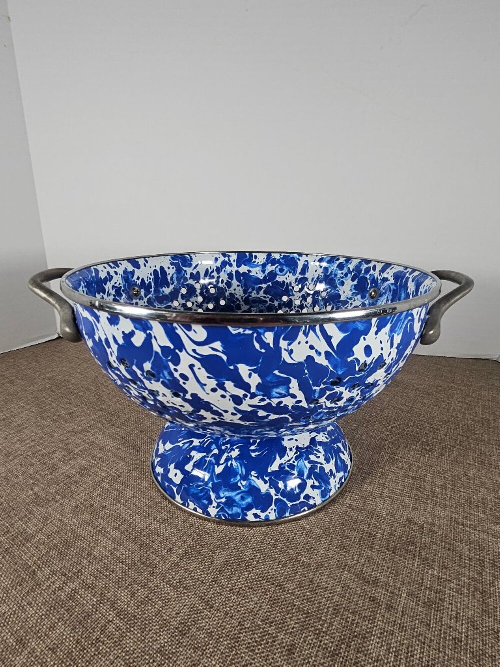 Golden Rabbit Cobalt Swirl Enamelware Colander With Stainless Trim